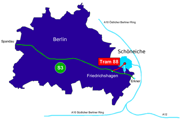 Kartenansicht Anreise von Berlin nach Schöneiche